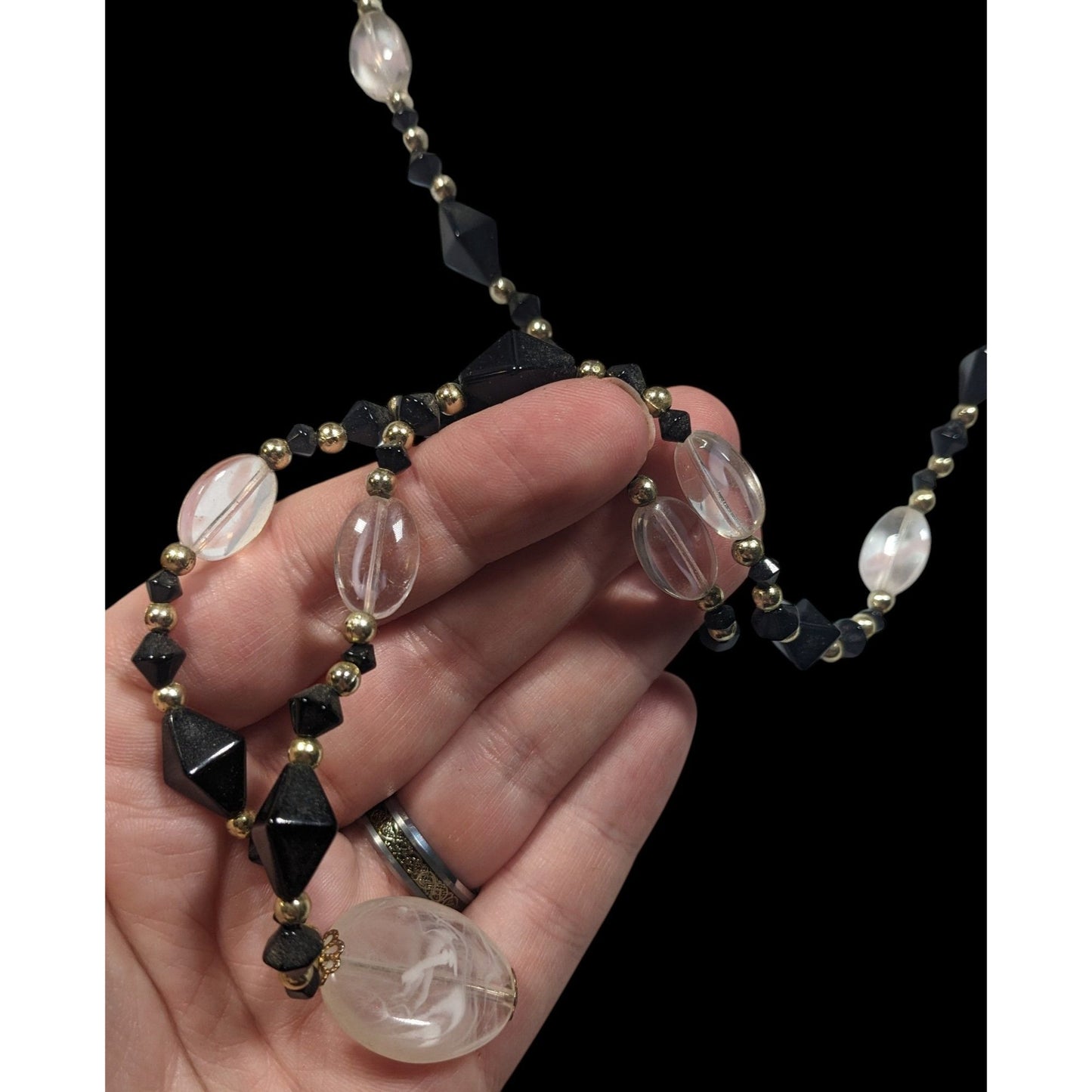 Black And Clear Glass Beaded Necklace With Milky Acrylic Pendant