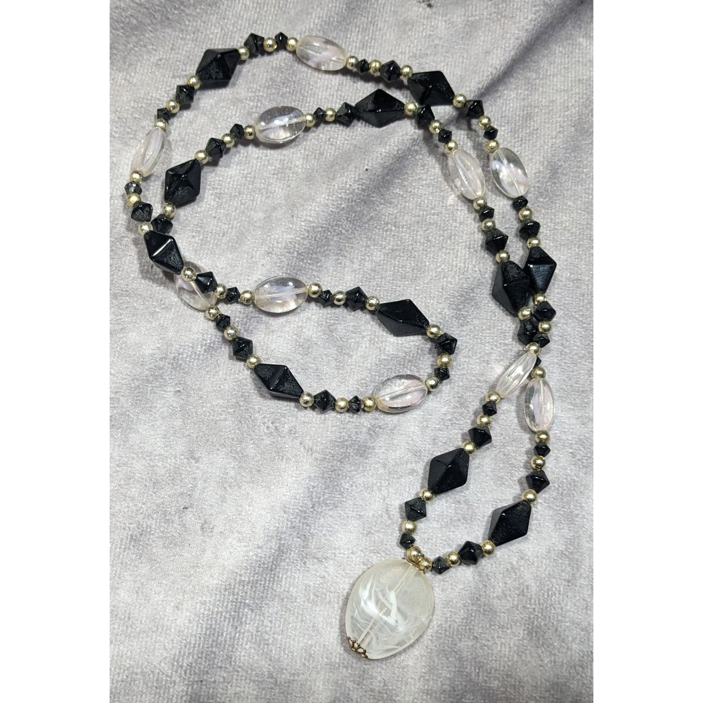 Black And Clear Glass Beaded Necklace With Milky Acrylic Pendant
