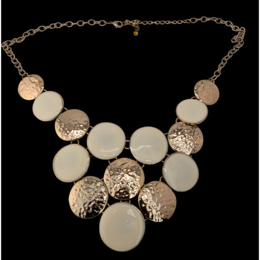 Modern Hammered Gold Tone  & White Disc Statement Necklace