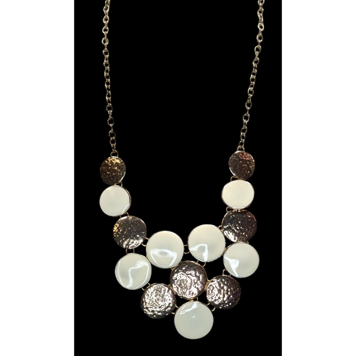 Modern Hammered Gold Tone  & White Disc Statement Necklace