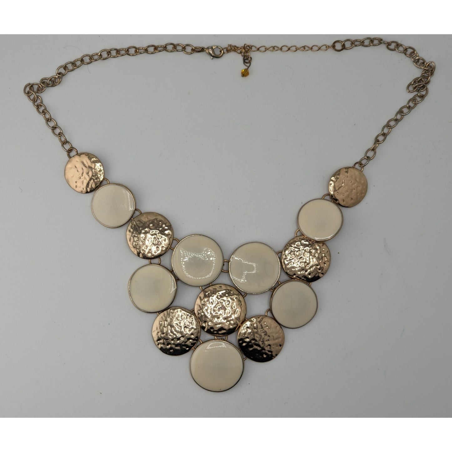 Modern Hammered Gold Tone  & White Disc Statement Necklace