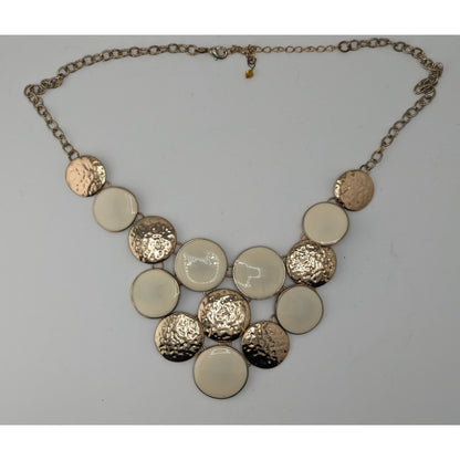 Modern Hammered Gold Tone  & White Disc Statement Necklace