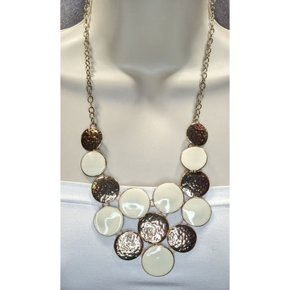 Modern Hammered Gold Tone  & White Disc Statement Necklace