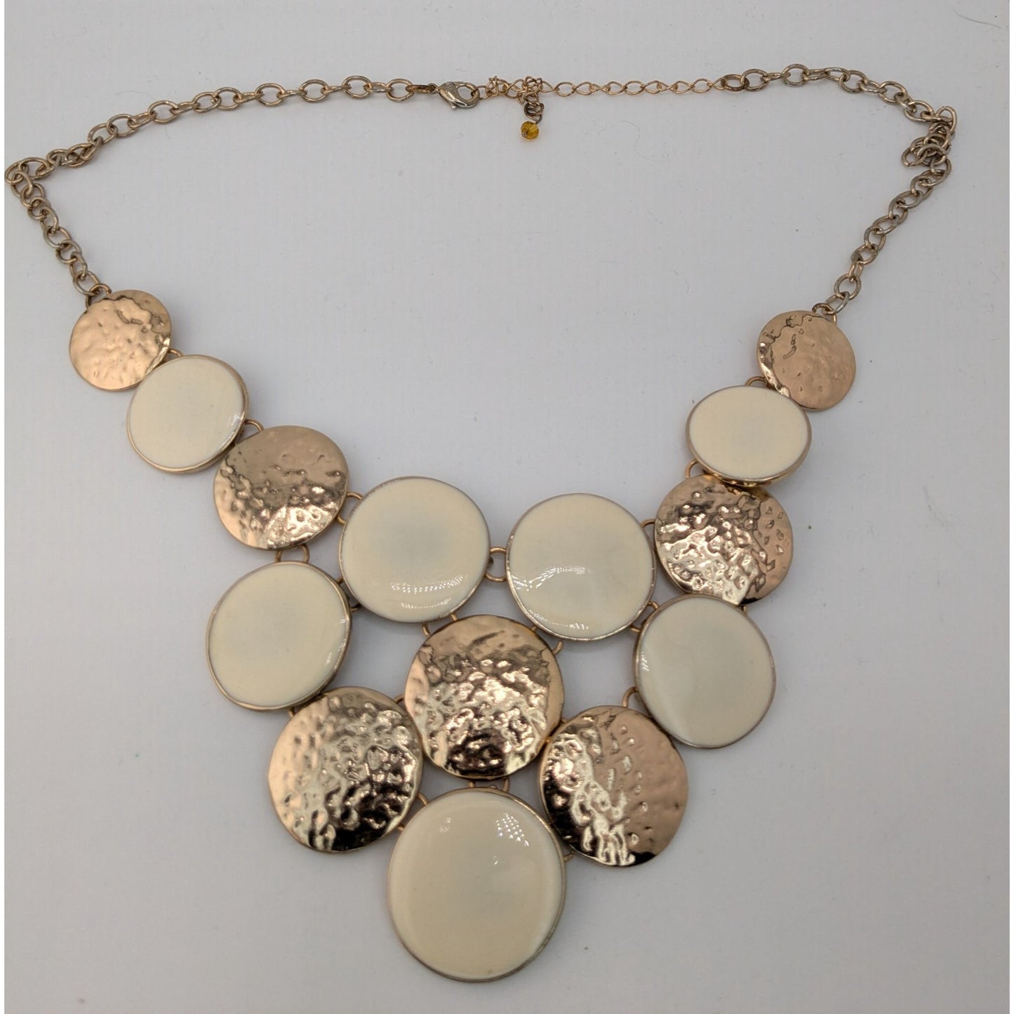 Modern Hammered Gold Tone  & White Disc Statement Necklace