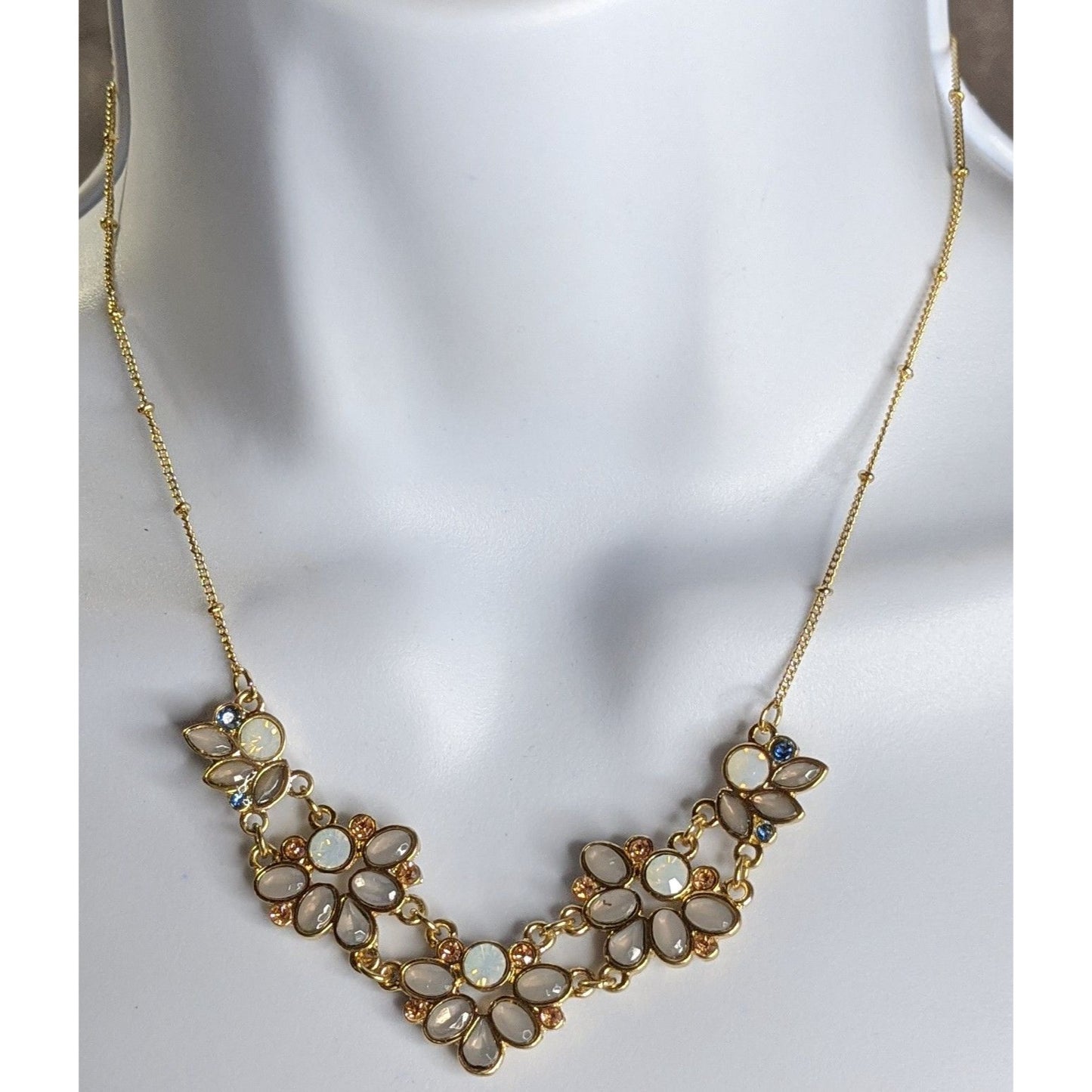 Floral Gold Tone Necklace With Faux Opal & Rhinestone Accents