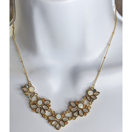 Floral Gold Tone Necklace With Faux Opal & Rhinestone Accents
