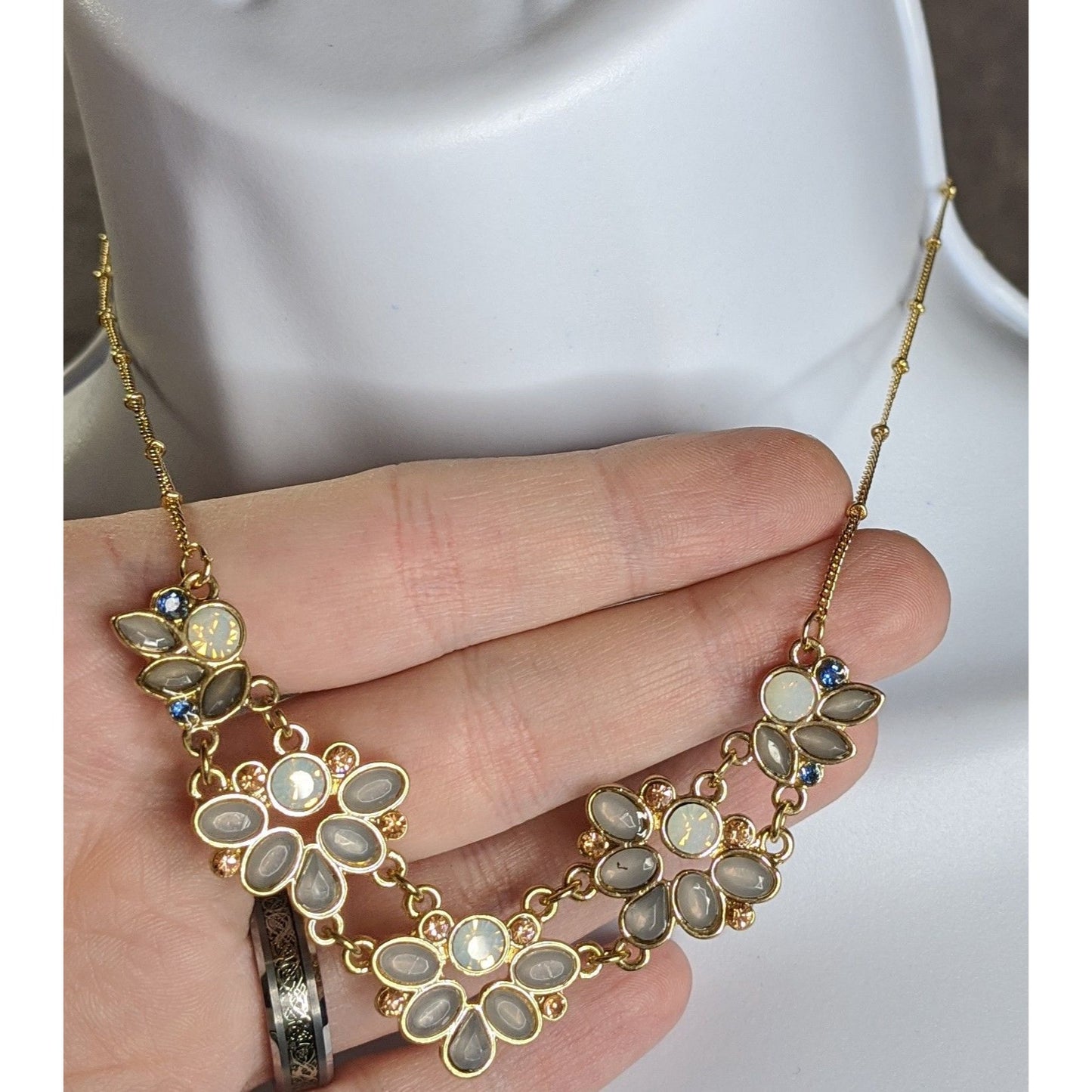 Floral Gold Tone Necklace With Faux Opal & Rhinestone Accents