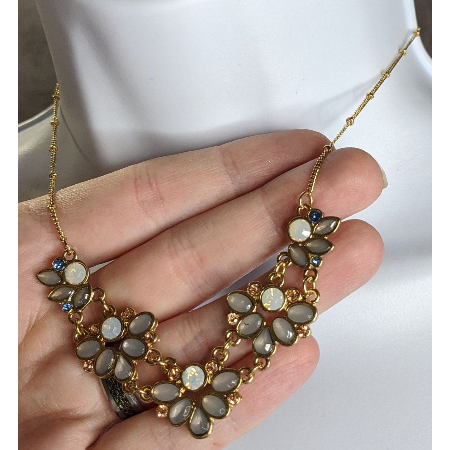Floral Gold Tone Necklace With Faux Opal & Rhinestone Accents