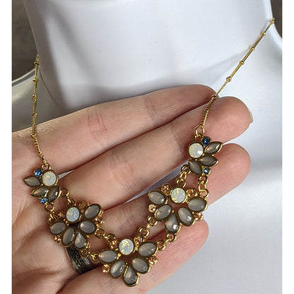 Floral Gold Tone Necklace With Faux Opal & Rhinestone Accents