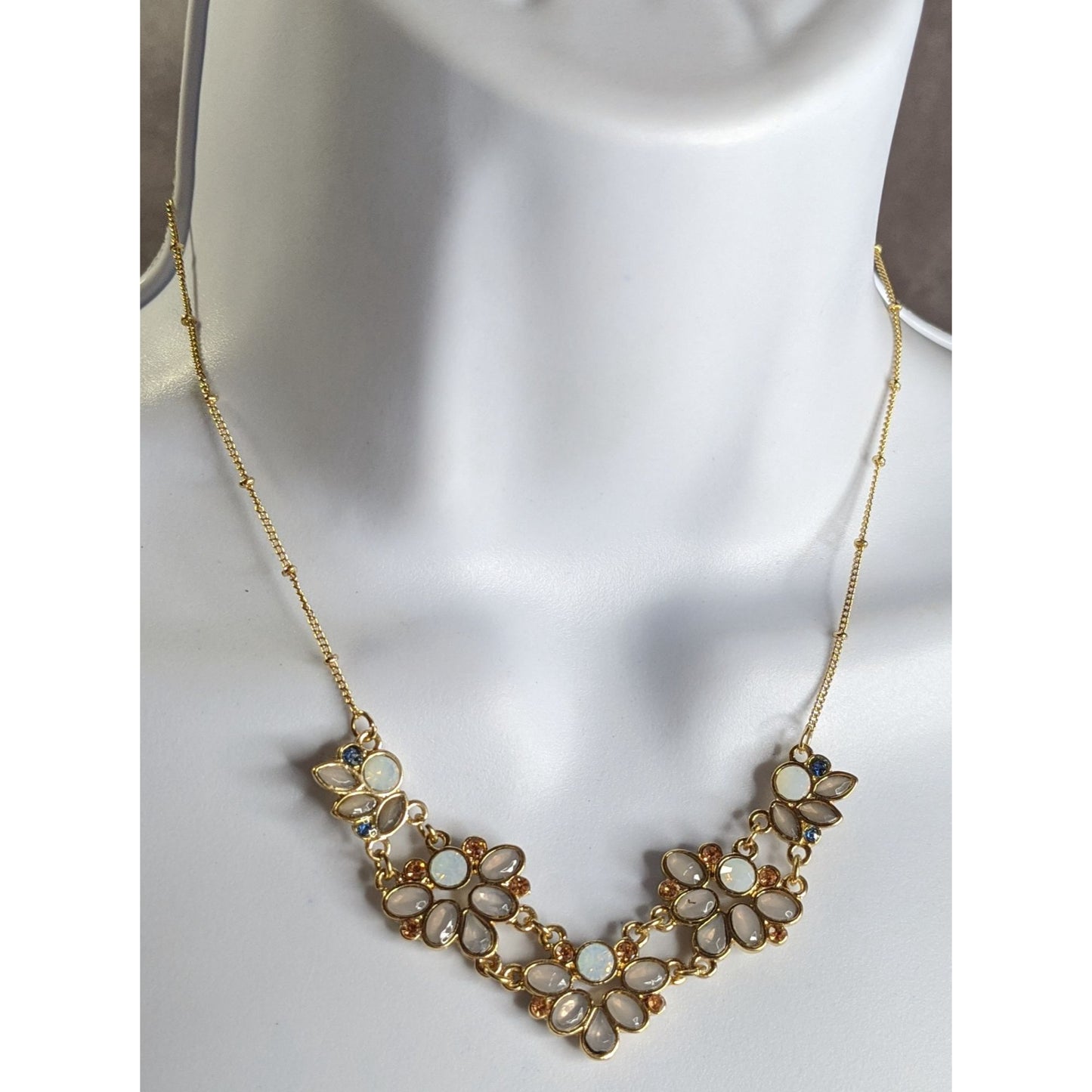 Floral Gold Tone Necklace With Faux Opal & Rhinestone Accents