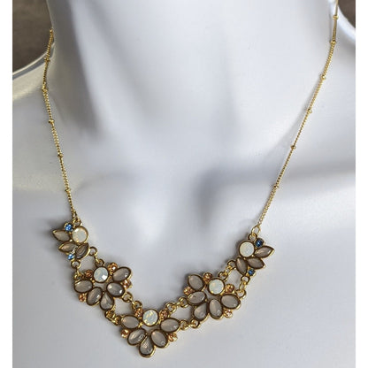 Floral Gold Tone Necklace With Faux Opal & Rhinestone Accents