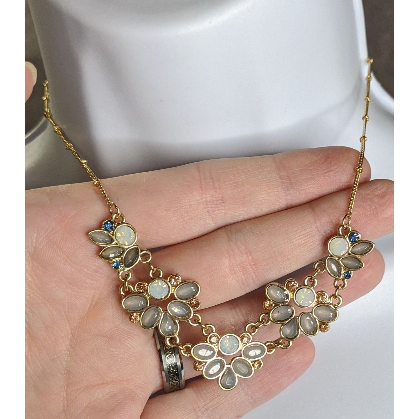 Floral Gold Tone Necklace With Faux Opal & Rhinestone Accents