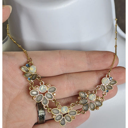 Floral Gold Tone Necklace With Faux Opal & Rhinestone Accents