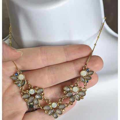 Floral Gold Tone Necklace With Faux Opal & Rhinestone Accents