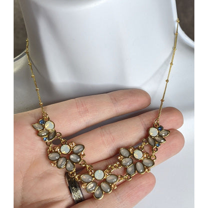 Floral Gold Tone Necklace With Faux Opal & Rhinestone Accents