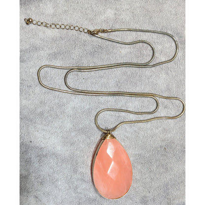 Retro Teardrop Simulated Pink Agate Faceted Teardrop Necklace On Gold Tone Chain
