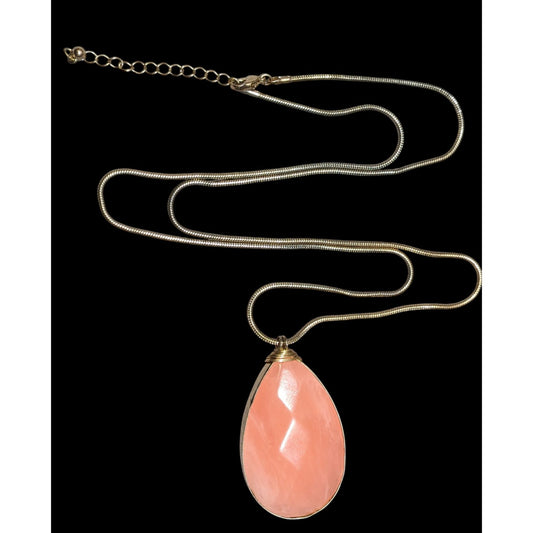 Retro Teardrop Simulated Pink Agate Faceted Teardrop Necklace On Gold Tone Chain