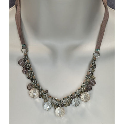 Boho Crystal Fringe Necklace Brown Suede Multi Strand Beaded Statement Jewelry