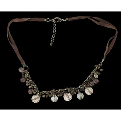 Boho Crystal Fringe Necklace Brown Suede Multi Strand Beaded Statement Jewelry