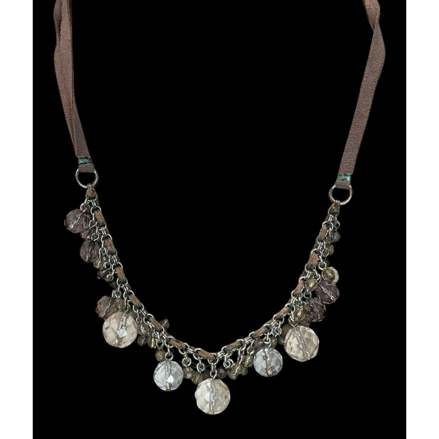 Boho Crystal Fringe Necklace Brown Suede Multi Strand Beaded Statement Jewelry