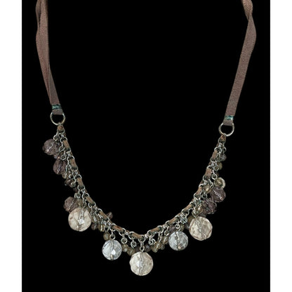 Boho Crystal Fringe Necklace Brown Suede Multi Strand Beaded Statement Jewelry