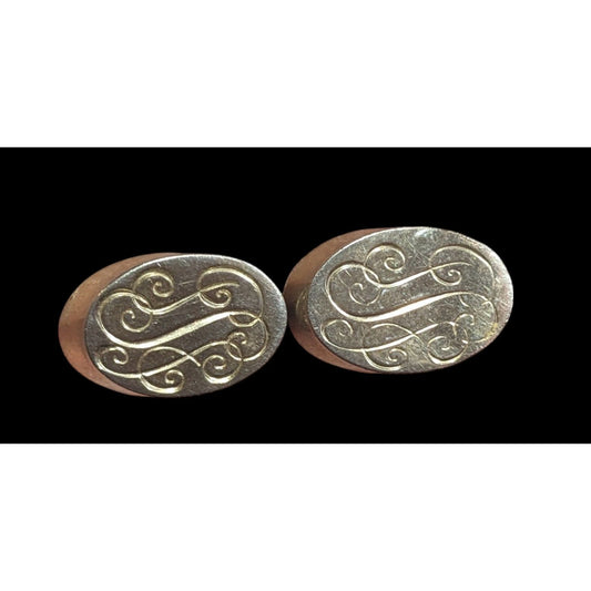 Vintage Cursive Monogram Engraved Silver Tone Cufflinks