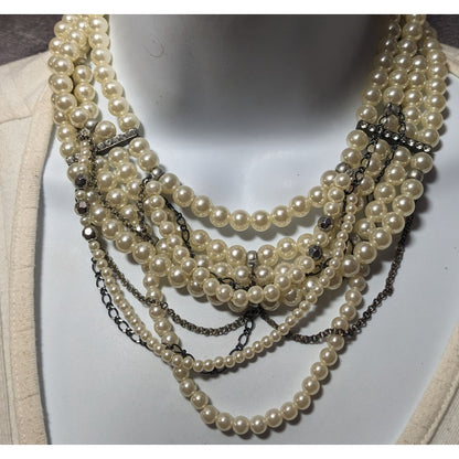 Vintage 90s AEO Faux Pearl Rhinestone Chain Statement Necklace