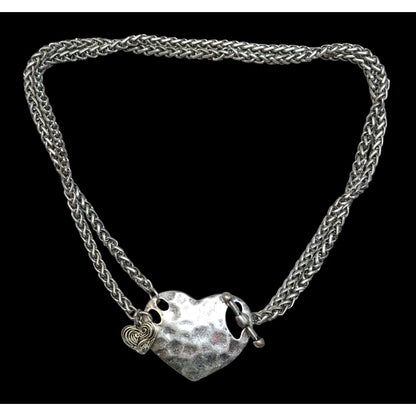 Hammered Love Themed Silver Tone Heart Pendant Toggle Necklace