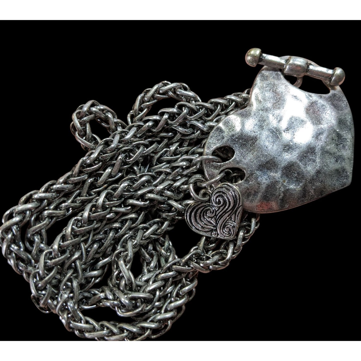 Hammered Love Themed Silver Tone Heart Pendant Toggle Necklace