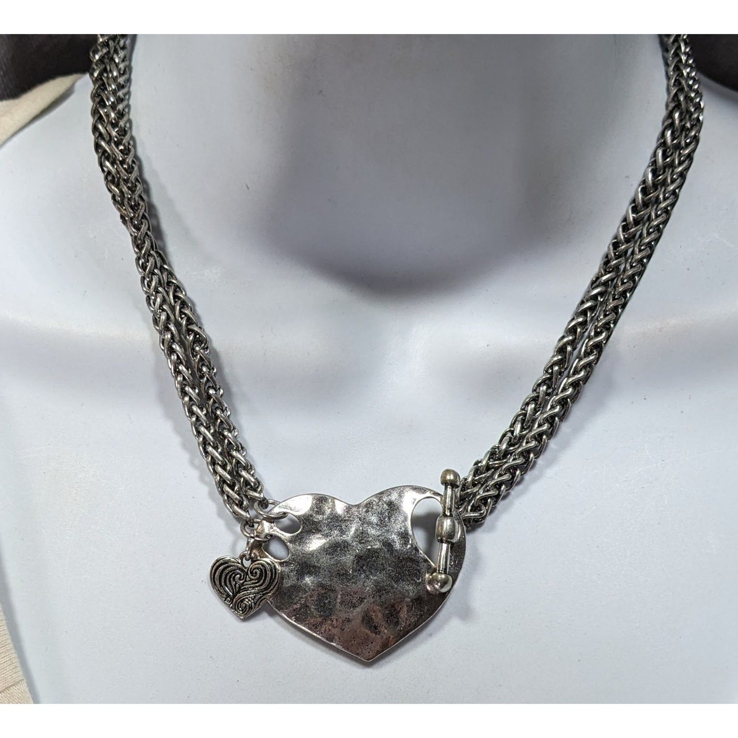 Hammered Love Themed Silver Tone Heart Pendant Toggle Necklace