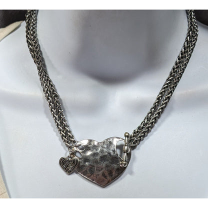 Hammered Love Themed Silver Tone Heart Pendant Toggle Necklace
