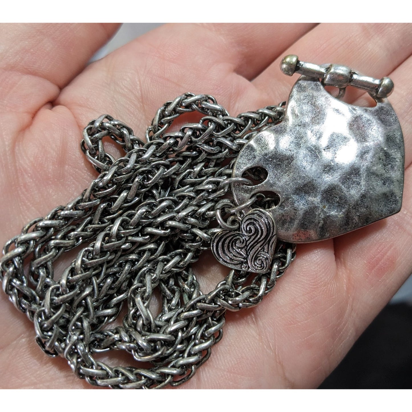 Hammered Love Themed Silver Tone Heart Pendant Toggle Necklace