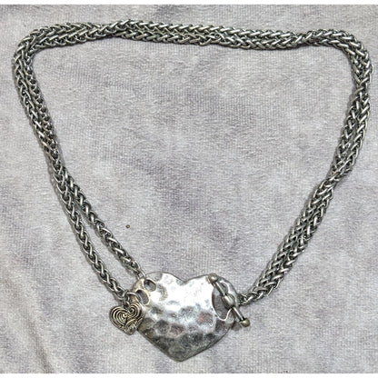 Hammered Love Themed Silver Tone Heart Pendant Toggle Necklace