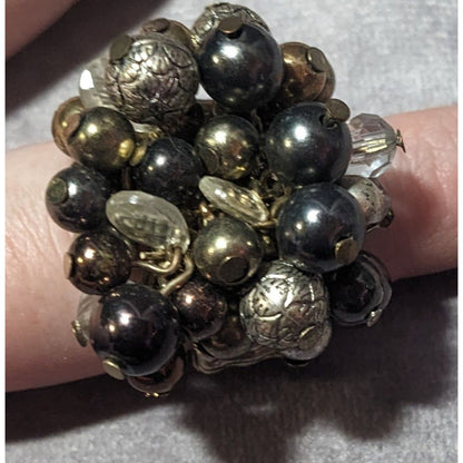 Chunky Metallic Beaded Cluster Stretch Ring Size 8