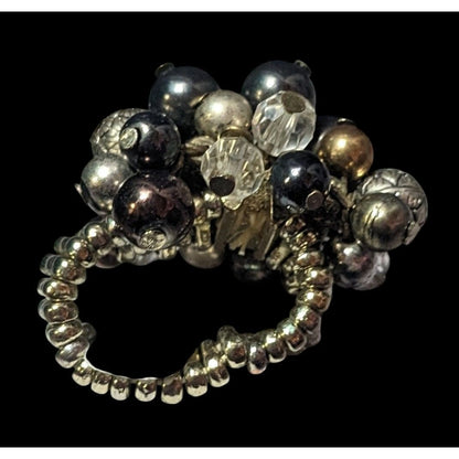 Chunky Metallic Beaded Cluster Stretch Ring Size 8