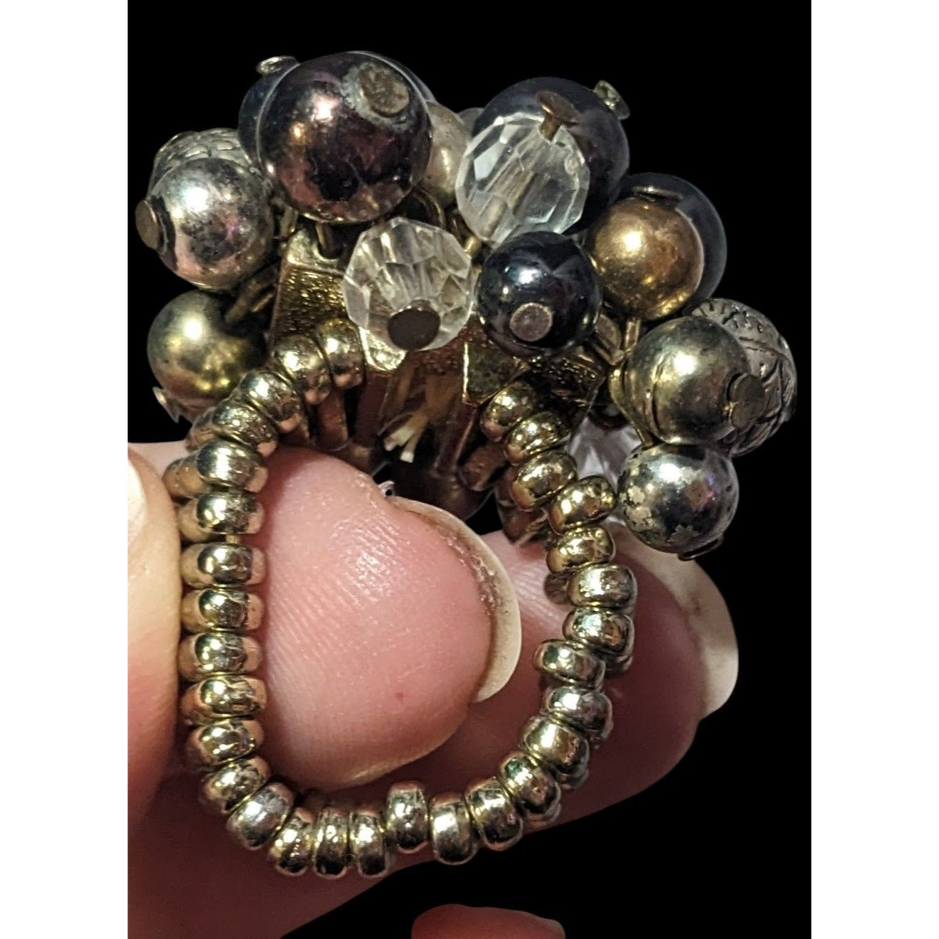 Chunky Metallic Beaded Cluster Stretch Ring Size 8