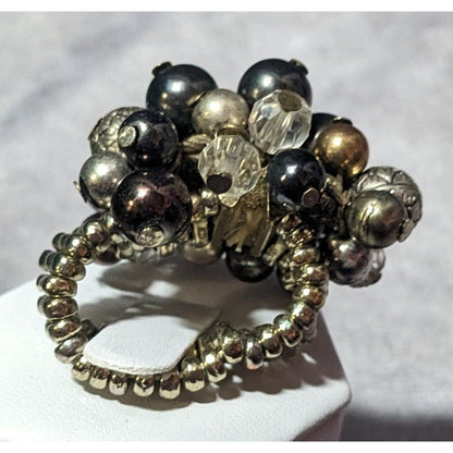 Chunky Metallic Beaded Cluster Stretch Ring Size 8