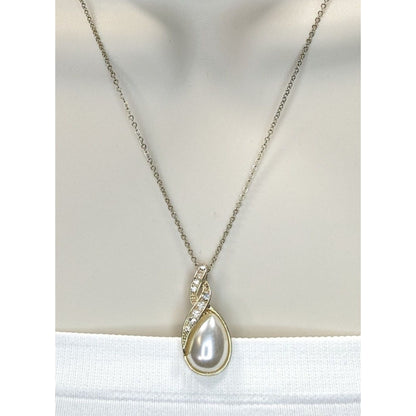 Elegant Faux Pearl Necklace With Gold-Tone Metal & Crystal Accents