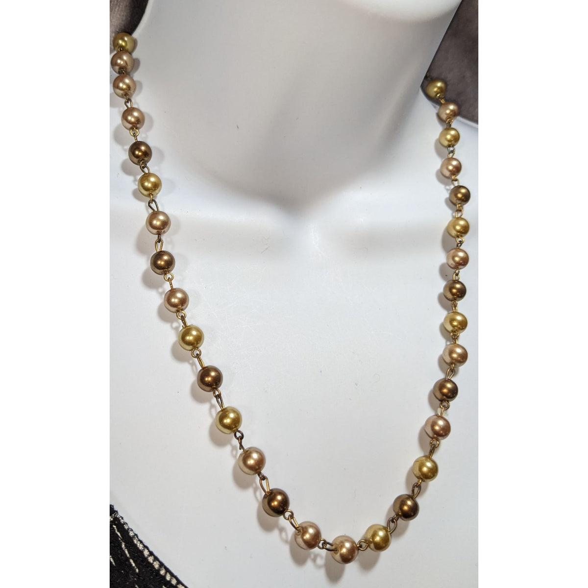Gold Bronze Champagne Faux Pearl Necklace 20 Inch Vintage Style Beaded Jewelry