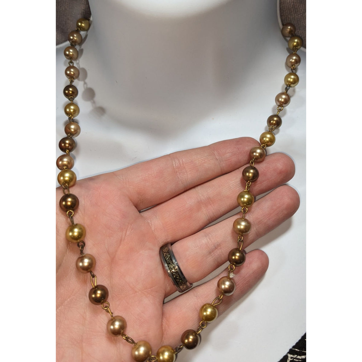 Gold Bronze Champagne Faux Pearl Necklace 20 Inch Vintage Style Beaded Jewelry
