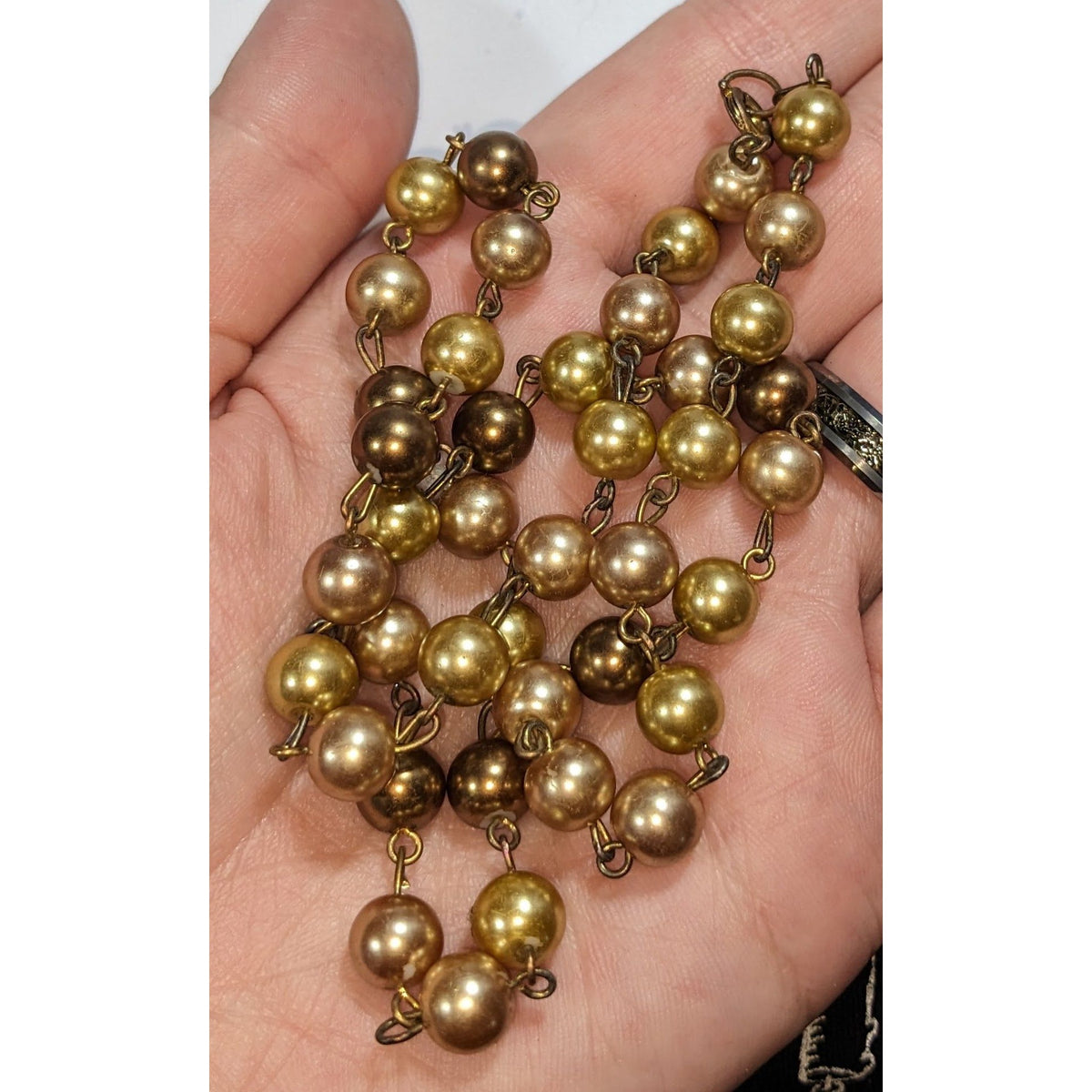 Gold Bronze Champagne Faux Pearl Necklace 20 Inch Vintage Style Beaded Jewelry