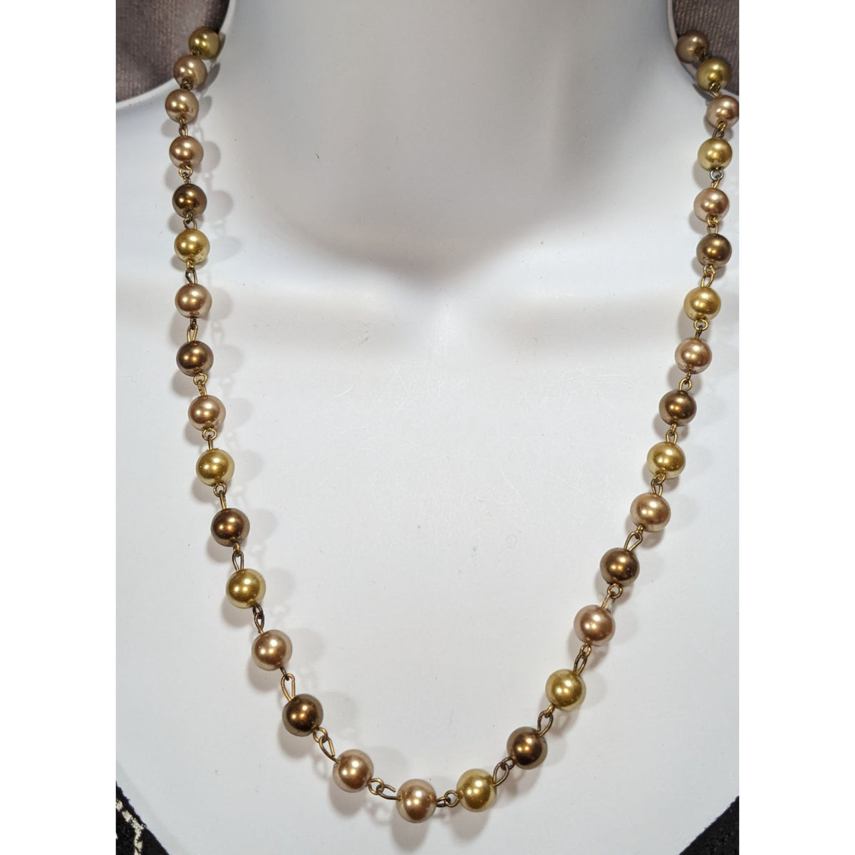 Gold Bronze Champagne Faux Pearl Necklace 20 Inch Vintage Style Beaded Jewelry