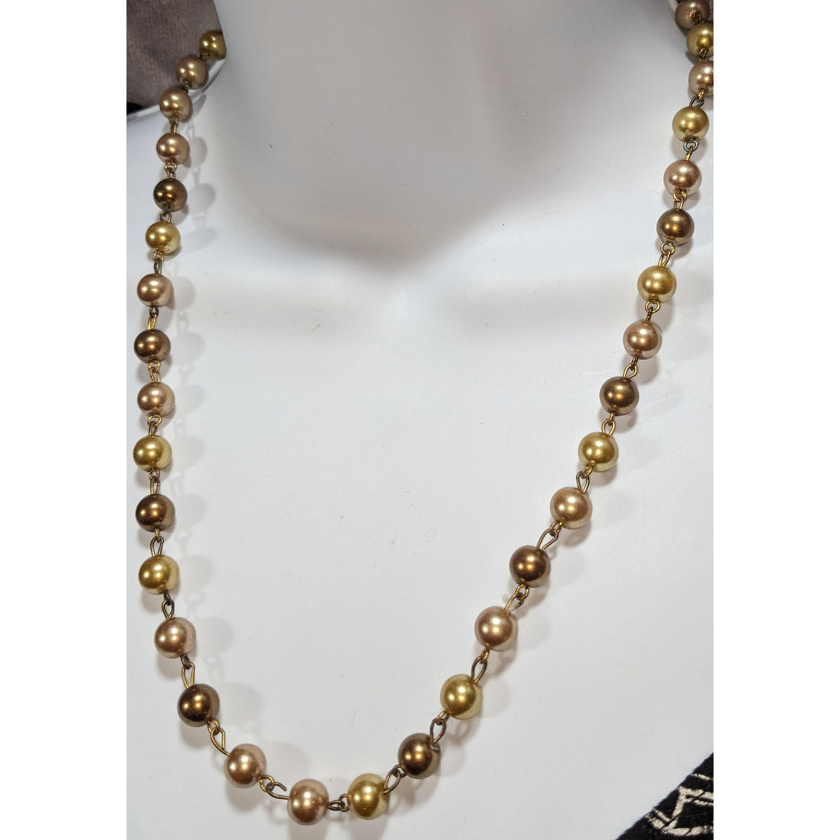 Gold Bronze Champagne Faux Pearl Necklace 20 Inch Vintage Style Beaded Jewelry