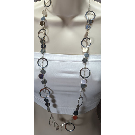 Vintage Glam Silver Tone Disc And Charm Necklace On Opera Length Chain