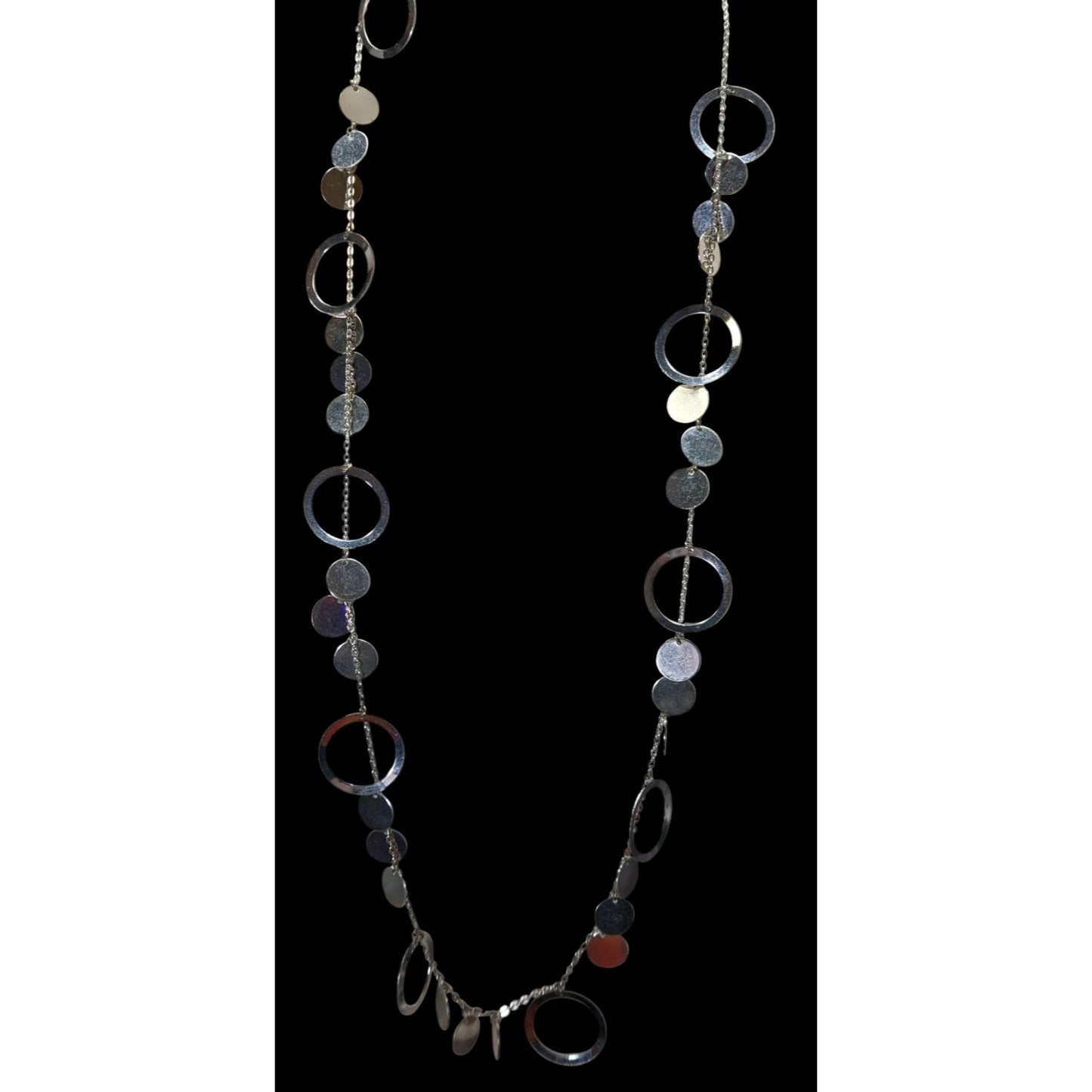 Vintage Glam Silver Tone Disc And Charm Necklace On Opera Length Chain