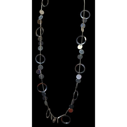 Vintage Glam Silver Tone Disc And Charm Necklace On Opera Length Chain