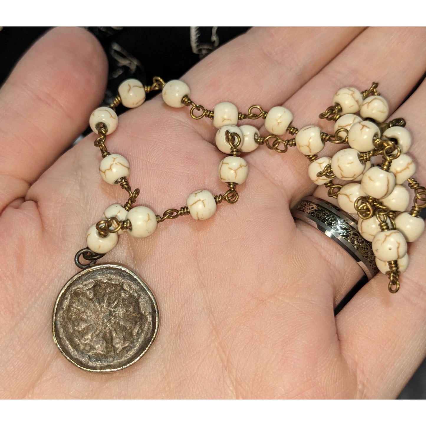 Roman Coin Pendant Necklace Cream Howlite Beaded Antique Bronze Medallion Boho Vintage