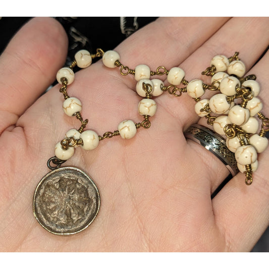 Roman Coin Pendant Necklace Cream Howlite Beaded Antique Bronze Medallion Boho Vintage