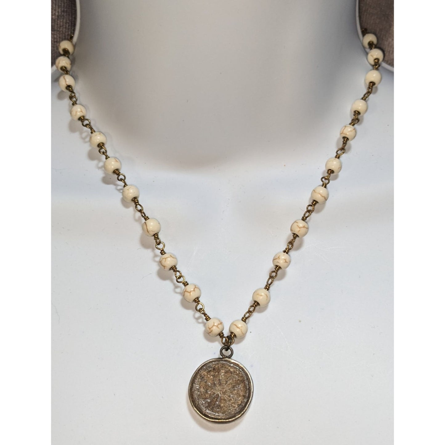 Roman Coin Pendant Necklace Cream Howlite Beaded Antique Bronze Medallion Boho Vintage