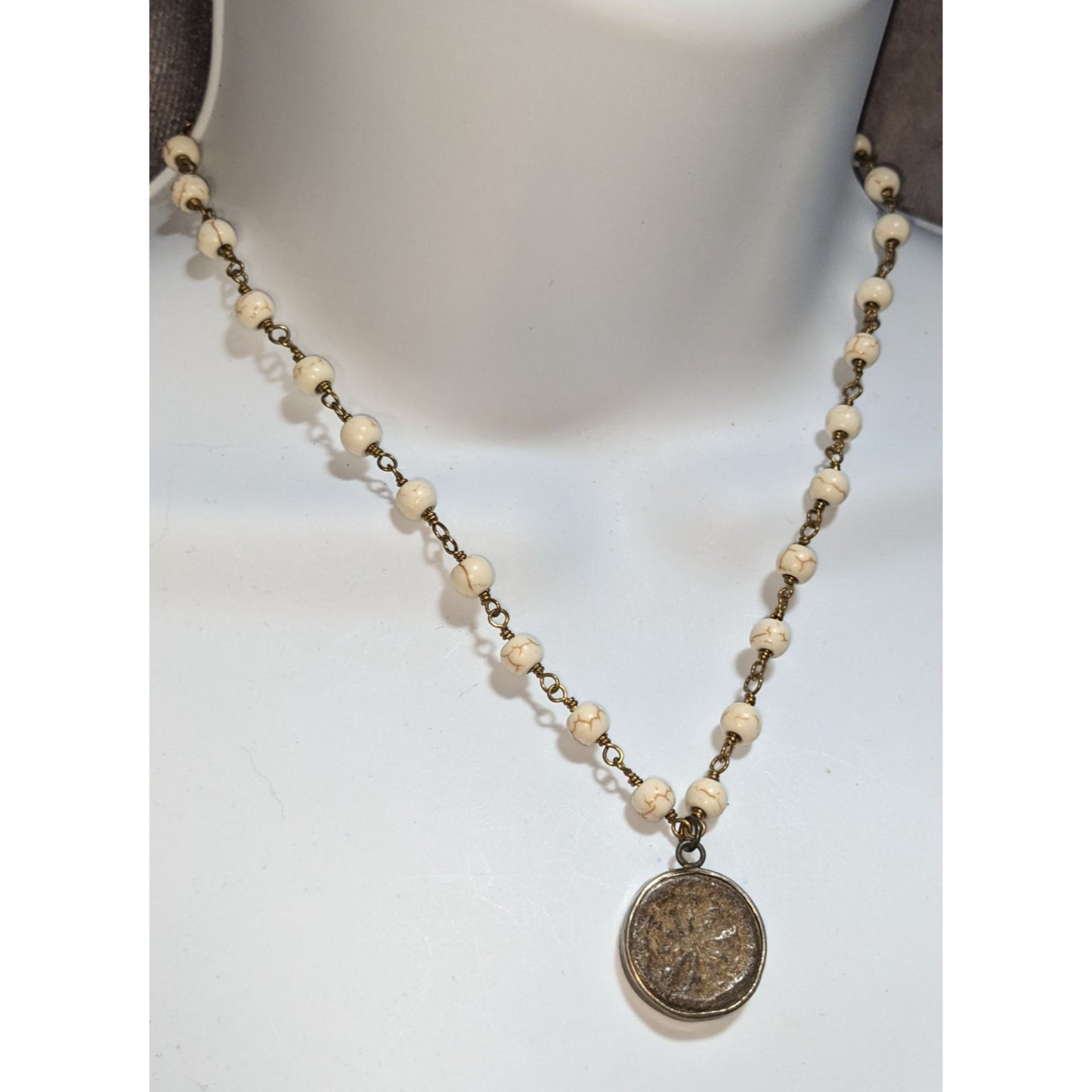Roman Coin Pendant Necklace Cream Howlite Beaded Antique Bronze Medallion Boho Vintage